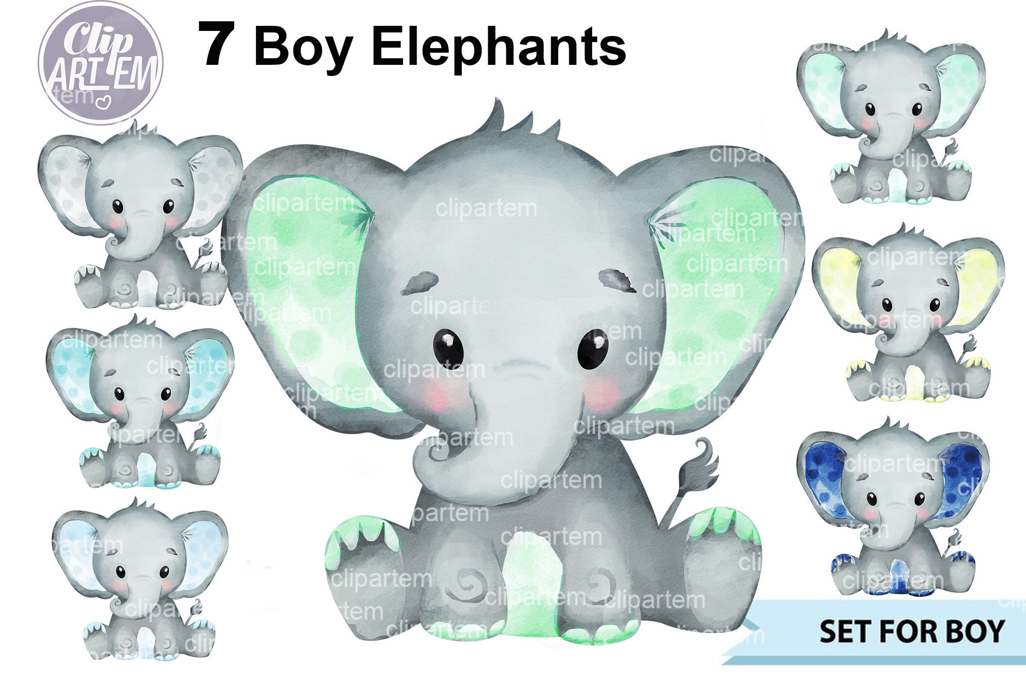 Watercolor Elephant Boy Clip Art, Baby Blue Elephant, Mint Green ...