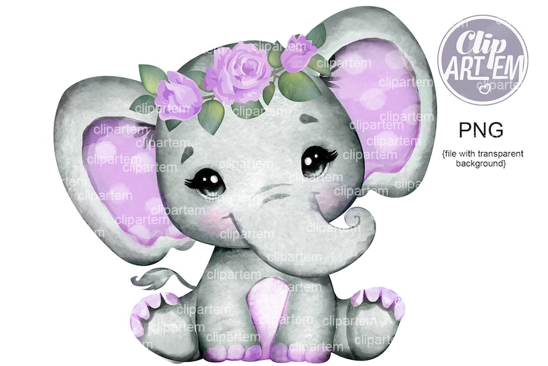 May include: A watercolor illustration of a gray elephant with purple polka dots on its ears. The elephant is wearing a flower crown with purple flowers and green leaves. The elephant is sitting with its legs crossed and its trunk curled up.