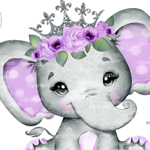 Princesa Elefante com coroa roxa floral png imagem | Decoração de mesa | Transferência de sublimação
