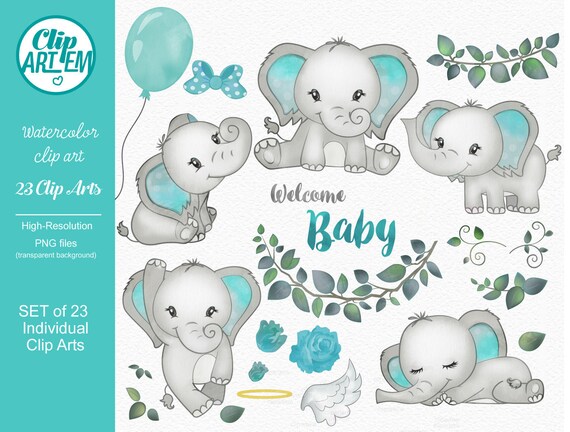 Turquoise Elephant clip art, watercolor. Baby Elephant clipart, gray, purple,baby shower, birthday. Rose Teal baby elephant, commercial use