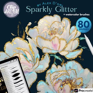 May include: Digital art featuring white and gold floral illustrations with a dark blue background. The text "Sparkly Glitter" and "+ watercolor brushes" are displayed. A tablet shows a brush library, and a stylus is visible. The image also includes the text "80 BRUSHES" and the Procreate logo.