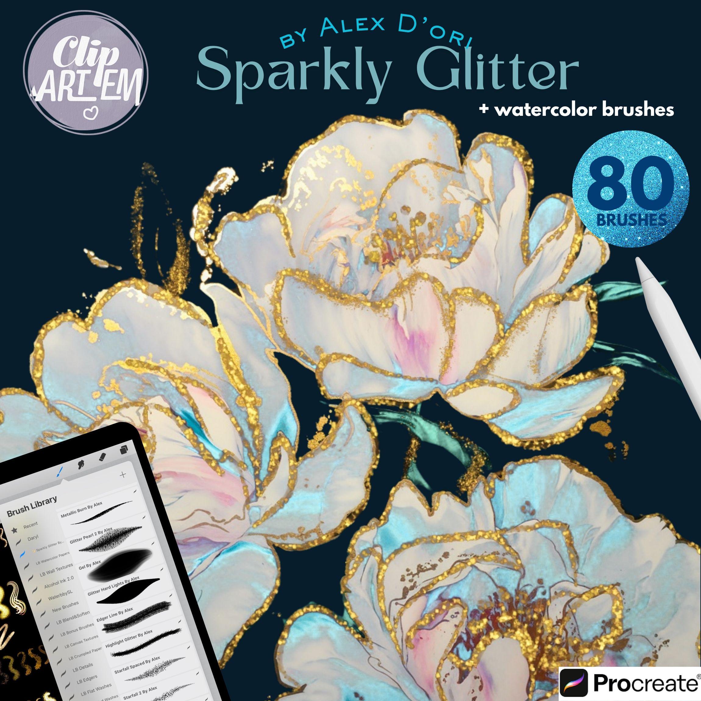 Glitter and Watercolor Brushes for Procreate – 80 Sparkle Brushes + 5 Watercolor Canvases for iPad Art