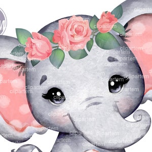 Clipart aquarelle éléphant corail, éléphant floral avec roses, rustique, usage commercial, dessiné à la main, fichier numérique, image, baby shower, saumon