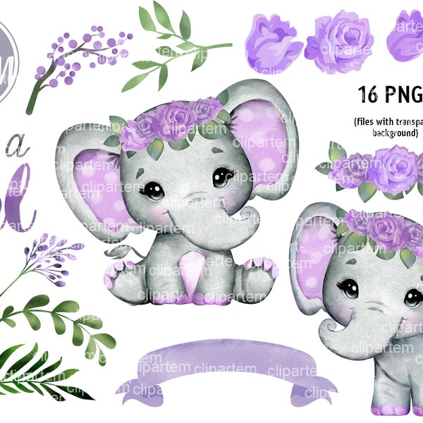 Purple Elephant Bundle 16 Clip Art, watercolor baby girl elephants with floral crown, roses in the head little peanut PNG sublimation decor