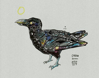 May include: A black and white illustration of a crow with intricate details. The crow is drawn in a geometric style with various shapes and patterns. The crow is facing to the right and has a yellow eye. The text "CROW Karasu" is written below the crow.
