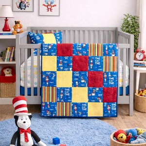 Handmade Cat in the Hat Welcome Baby Quilt – Flannel Crib Blanket & Sheet