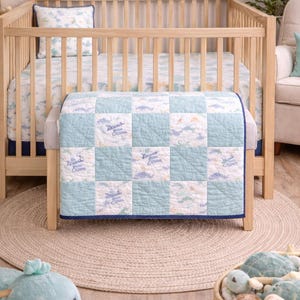 Hand Quilted Nautical Welcome Baby Quilt, Mint Flannel Crib Quilt with Pillow