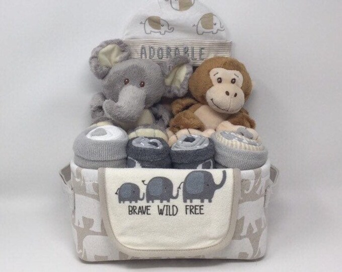 Gender Neutral Safari Themed Baby Gift Basket, Baby Gift Basket