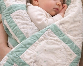Handmade Welcome Baby Crib Quilt, Moon and Star Cotton Nursery Blanket
