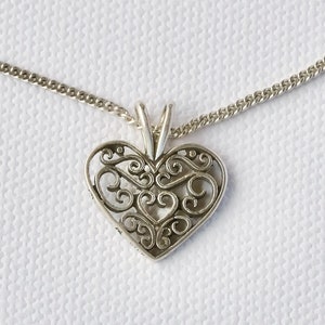Sterling Silver Heart Necklace, Delicate Filagree Heart Design Pendant on Chain