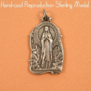 Sterling Silver Antique-style Lourdes Pendant, Holy Mother, Virgin Mary Reproduction from Original, Handcast in USA, Religious Medal