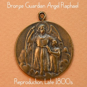 Bronze Antique-style Guardian Angel Pendant, Saint Raphael, Reproduction from Original, Handcast in USA, Religious Pendant Medal