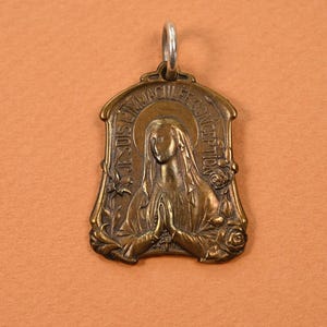 Large Bronze Antique-style Lourdes Pendant, Holy Mother, Virgin Mary Reproduction from Original, Handcast in USA, Religious Medal