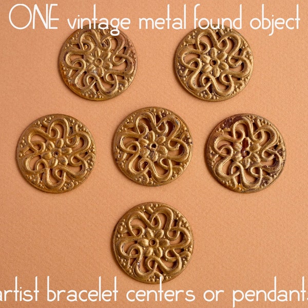 ONE Found Object Metal Piece with Open Design and Flower Center for Pendant or Bracelet Center, Small Batch Beads for Artist Jewelry Making