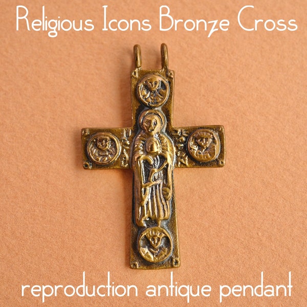 Antique-style Cross Pendant with Religious Icons, Bronze, Reproduction from Original, Handcast in USA