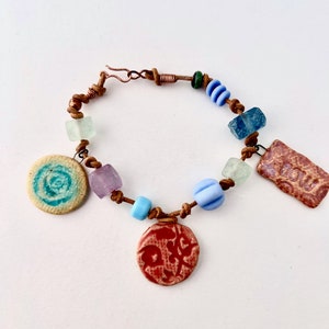 Colorful Boho Pottery Charm Bracelet, &quot;NOW&quot; charm, Trade Beads