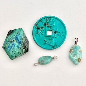 FOUR Focal Beads/Pendants for Jewelry Making | Turquoise Chinese Coin, Turquoise, and Chrysocolla