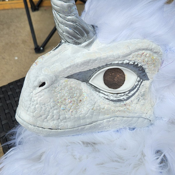 OOAK White Sparkly Unicorn Dino Mask Fursuit Head