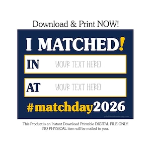Match Day Residency 2026-bord, bord arts afstuderen, wedstrijddag afdrukbaar cadeaubord, I Matched, Match Day-decor, fotorekwisiet, 102a