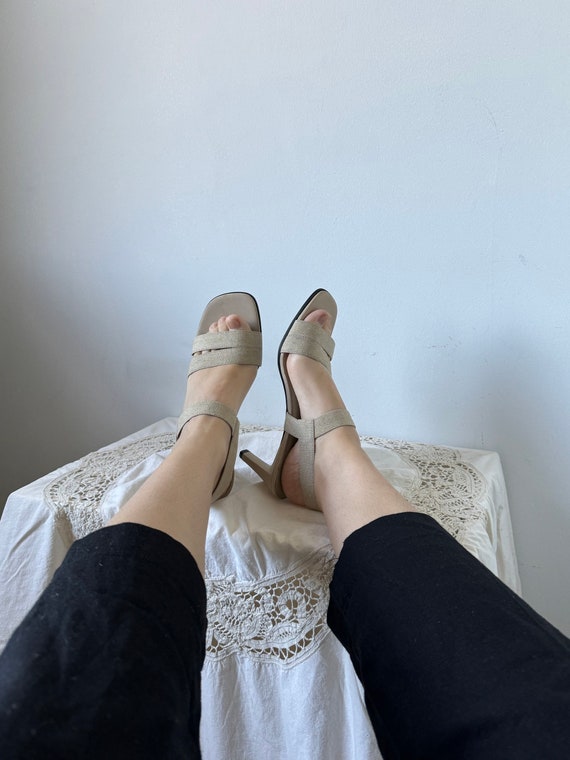 Linen Beige Heeled Sandal | Size 8
