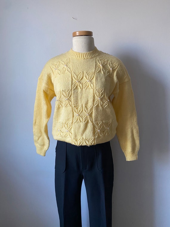 Vintage Yellow Knit Sweater with Pearl Details - image 2