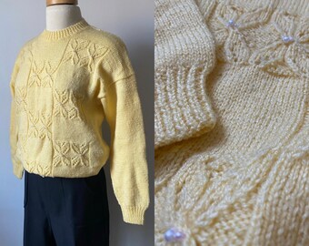 Vintage Yellow Knit Sweater with Pearl Details