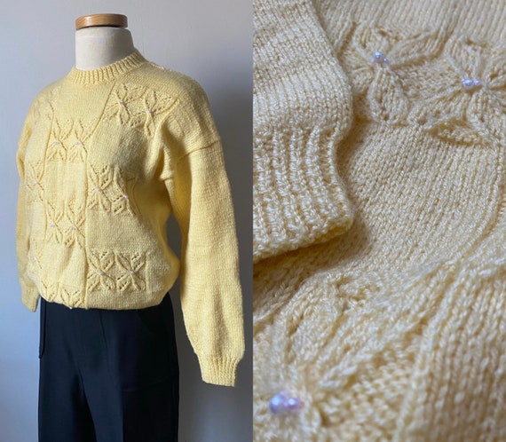 Vintage Yellow Knit Sweater with Pearl Details - image 1