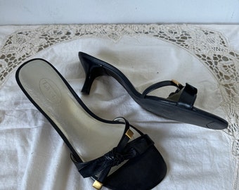 90s Leather Heeled Sandal with Brass Details