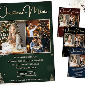 Modèle de mini session de Noël, minis de vacances, modèle de Noël en or blanc vert, arbre de Noël, carte de marketing des fêtes CM09 ET47