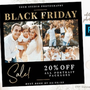 Puede incluir: Gráfico negro y dorado con el texto "Black Friday Sale!" y "20% de descuento en todos los paquetes de retratos". El gráfico presenta fotos de familias con niños.