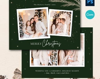 Glitter Stars Christmas Card Template, Dark Green (PHOTOSHOP, CANVA)