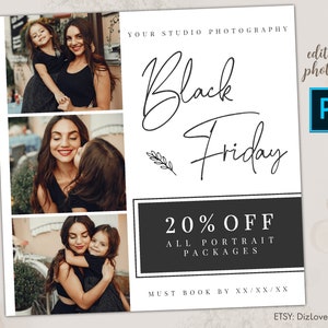 Pode incluir: Anúncio de venda do Black Friday para um estúdio de fotografia. O anúncio apresenta três fotos de uma mãe e sua filha, com o texto "Black Friday" e "20% de desconto em todos os pacotes de retratos" em preto e branco. O anúncio também inclui o texto "Reserve até XX/XX/XX" e "Etsy: DizLove".