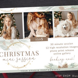 Peut inclure: Une offre de séance photo miniature de Noël au prix de 150 €. L'offre comprend une séance de 30 minutes, 12 images haute résolution, une autorisation d'impression photo et une galerie en ligne. Le texte "réservation maintenant !" est également inclus.
