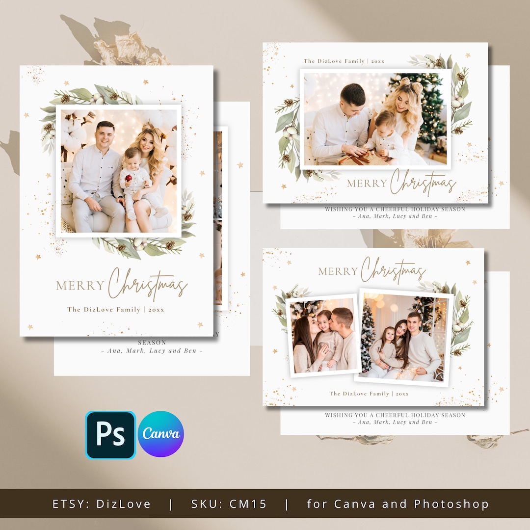 Watercolor Christmas Card Template Bundle, Glitter Holiday Card Bundle ...
