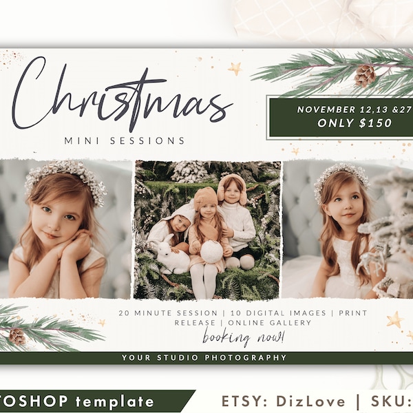 Holiday Mini Session Template, Christmas marketing board, Christmas Minis Template, christmas tree farm minis,  christmas minis ET87 CM11