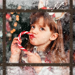Modello di sovrapposizione foto finestra di Natale, PNG, Photoshop, modello di cartolina di Natale, per fotografi, sovrapposizione di neve, effetto magico, clipart