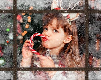 Kerstvenster foto-overlay sjabloon, PNG, Photoshop, kerstkaartsjabloon, voor fotografen, sneeuw-overlay, magisch effect, clipart