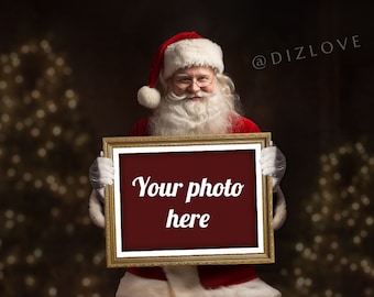 Santa Holding a Frame Photo Template, Santa Claus overlay, Christmas Digital Backdrop Background Photography, square and 5x7 inch  PNG/CANVA