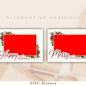 Op de afbeelding: Twee kerstkaart sjablonen met een rode achtergrond en gouden frames. De eerste kaart zegt "Prettige feestdagen" en de tweede kaart zegt "Vrolijk kerstfeest".