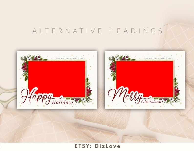 Op de afbeelding: Twee kerstkaart sjablonen met een rode achtergrond en gouden frames. De eerste kaart zegt "Prettige feestdagen" en de tweede kaart zegt "Vrolijk kerstfeest".