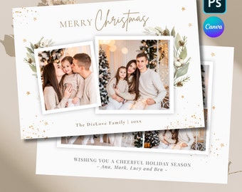 Watercolor Christmas Photo Card Template, Greenery, Gold Glitter (Canva/Photoshop)