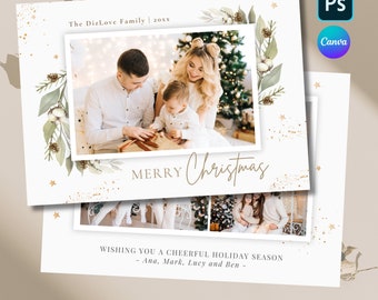 Watercolor Christmas Photo Card Template, Gold Glitter (Canva/Photoshop)