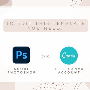 Op de afbeelding: Een afbeelding met de tekst "TO EDIT THIS TEMPLATE YOU NEED:" en twee pictogrammen. Het eerste pictogram is een blauwe vierkant met de letters "Ps" in wit, en de tekst "ADOBE PHOTOSHOP" eronder. Het tweede pictogram is een turquoise cirkel met het woord "Canva" in wit, en de tekst "FREE CANVA ACCOUNT" eronder.