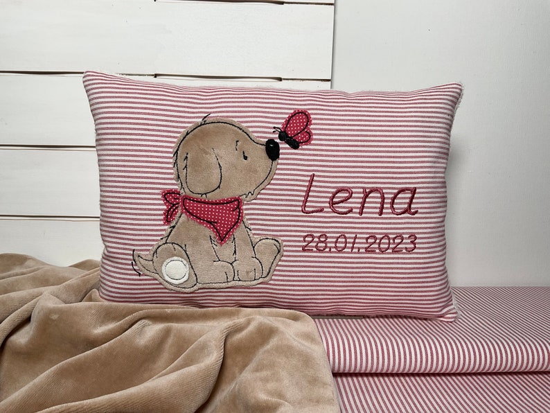 20x30 cm rot gestreift Hund mit Schmetterling Name in kirschrot Rückseite aus Baumwoll-Plüsch Kissen Bild 8