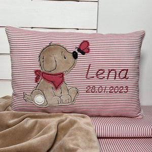 20x30 cm rot gestreift Hund mit Schmetterling Name in kirschrot Rückseite aus Baumwoll-Plüsch Kissen Bild 2