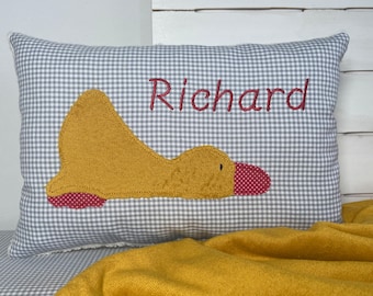 RICHARD-Kissen * 20x30 cm * Versandfertig! * hellgrau Vichy * Ente * RICHARD in rot * Rückseite aus Baumwoll-Plüsch * Kissen