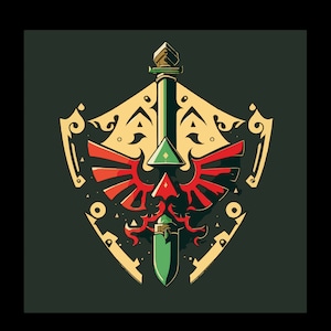 Puede incluir: Una ilustración estilizada de una espada verde con un diseño de alas rojas y doradas. La espada está rodeada de un escudo dorado con un patrón geométrico.