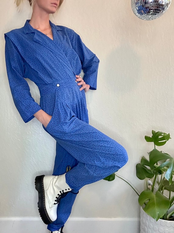 Vintage 80s bright blue cotton jumpsuit