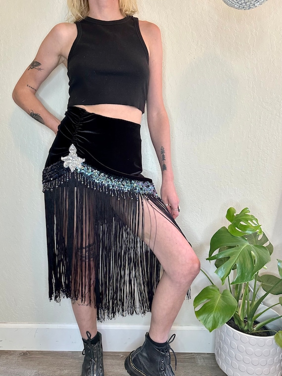 Black velvet beaded flapper skirt beaded fringe sh