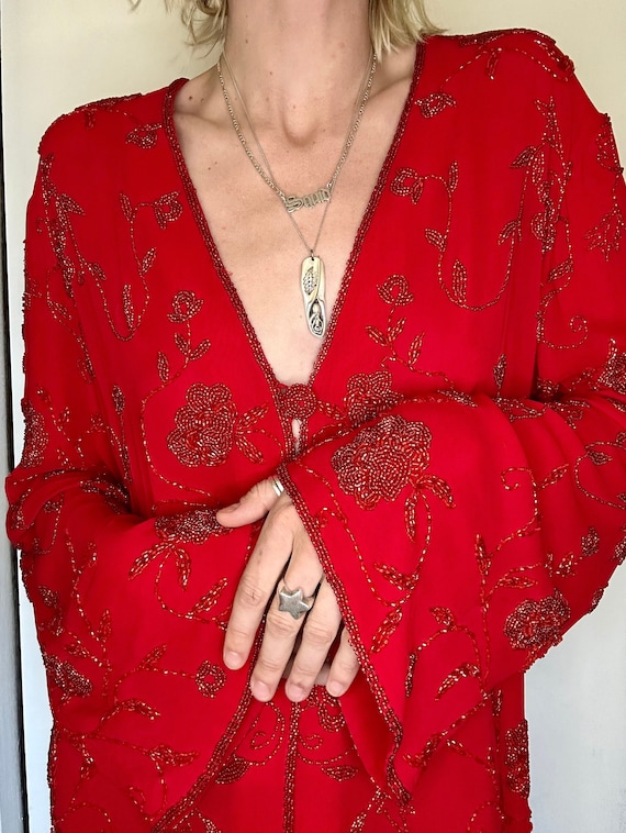 Vintage Silk Red Floral Beaded Kimono Shawl